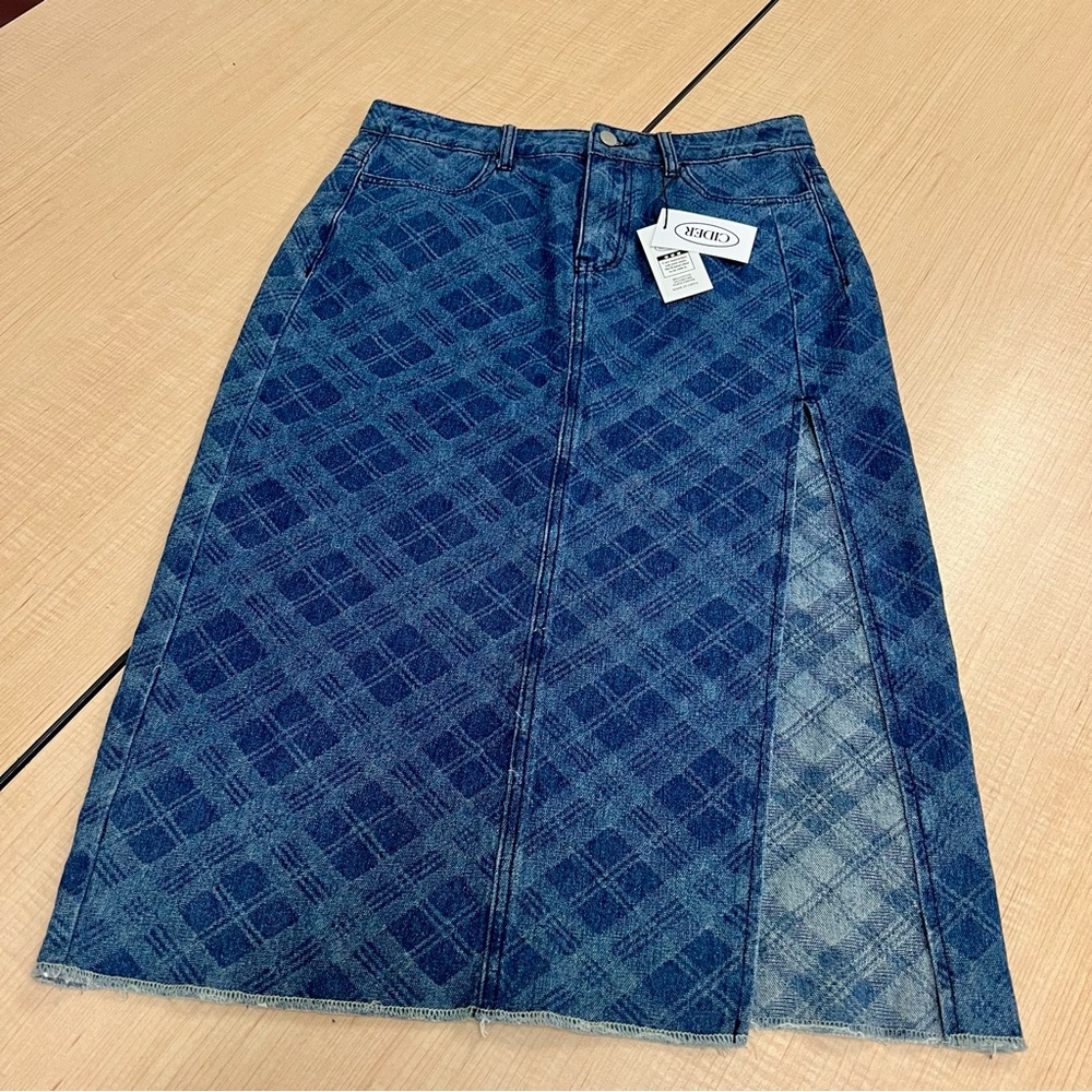 Cider Blue Midi A-Line Skirt with Slit